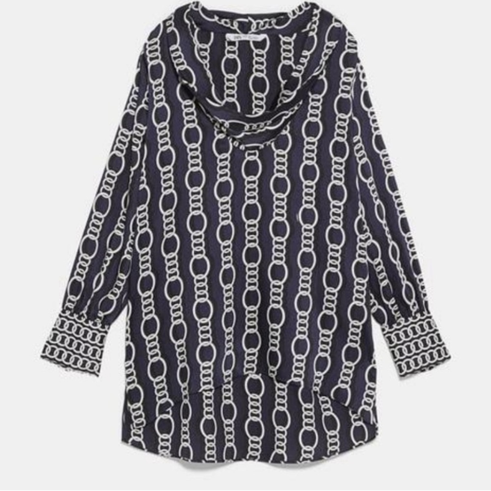 Zara Navy and White Chain Print Blouse
